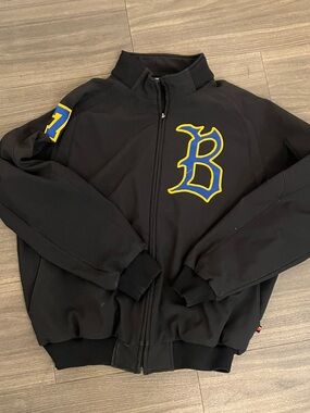 Vintage Black Bomber Baseball Jacket with Blue and Yellow Graphic #7 Sz Large